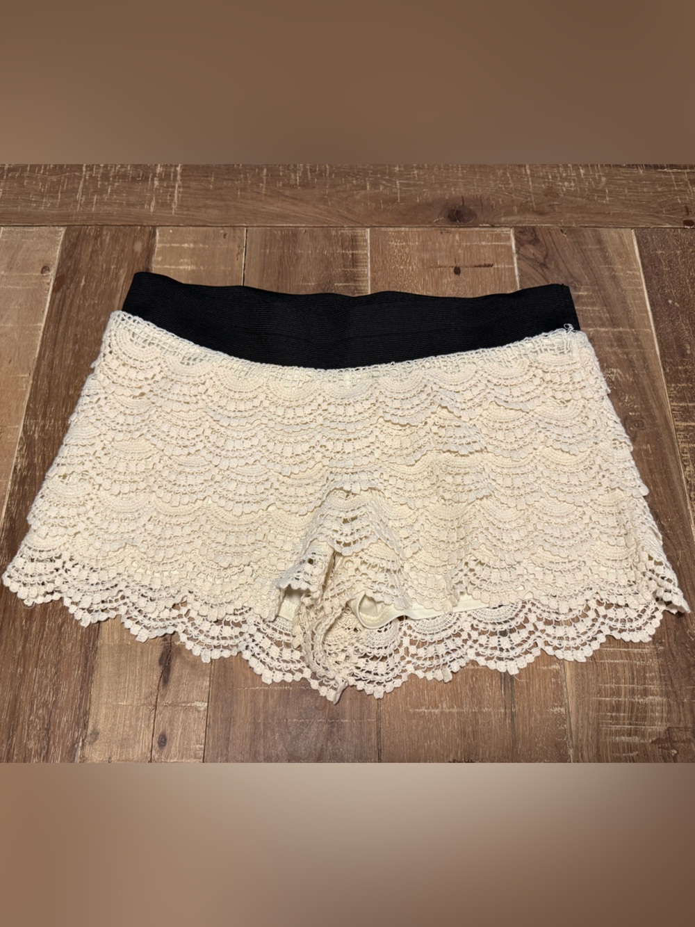 Charlotte Russe vintage 90’s Cream Lace Mini Shorts with Black Waistband